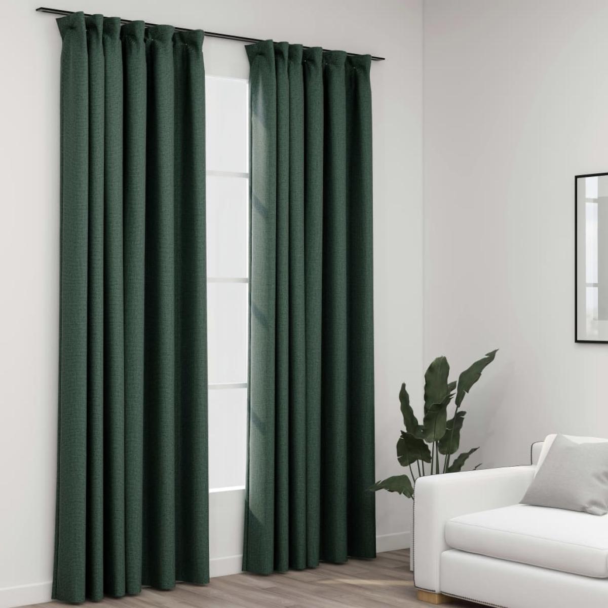 Cortinas opacas con ganchos look de lino 2 pzas verde 140x225cm