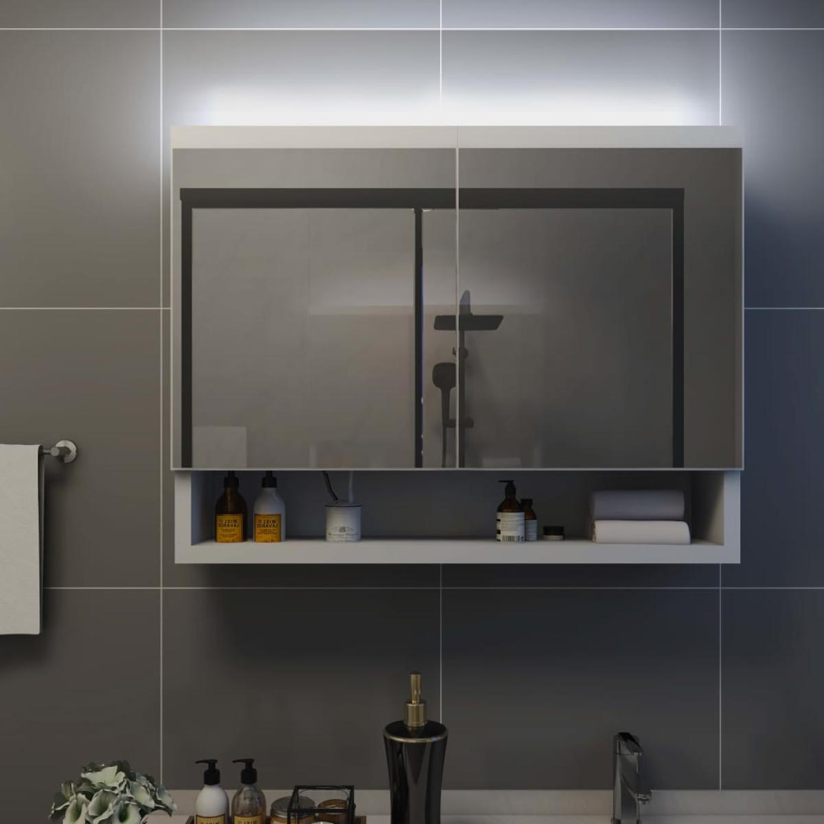 Armario de espejo de baño con LED MDF blanco 80x15x60 cm