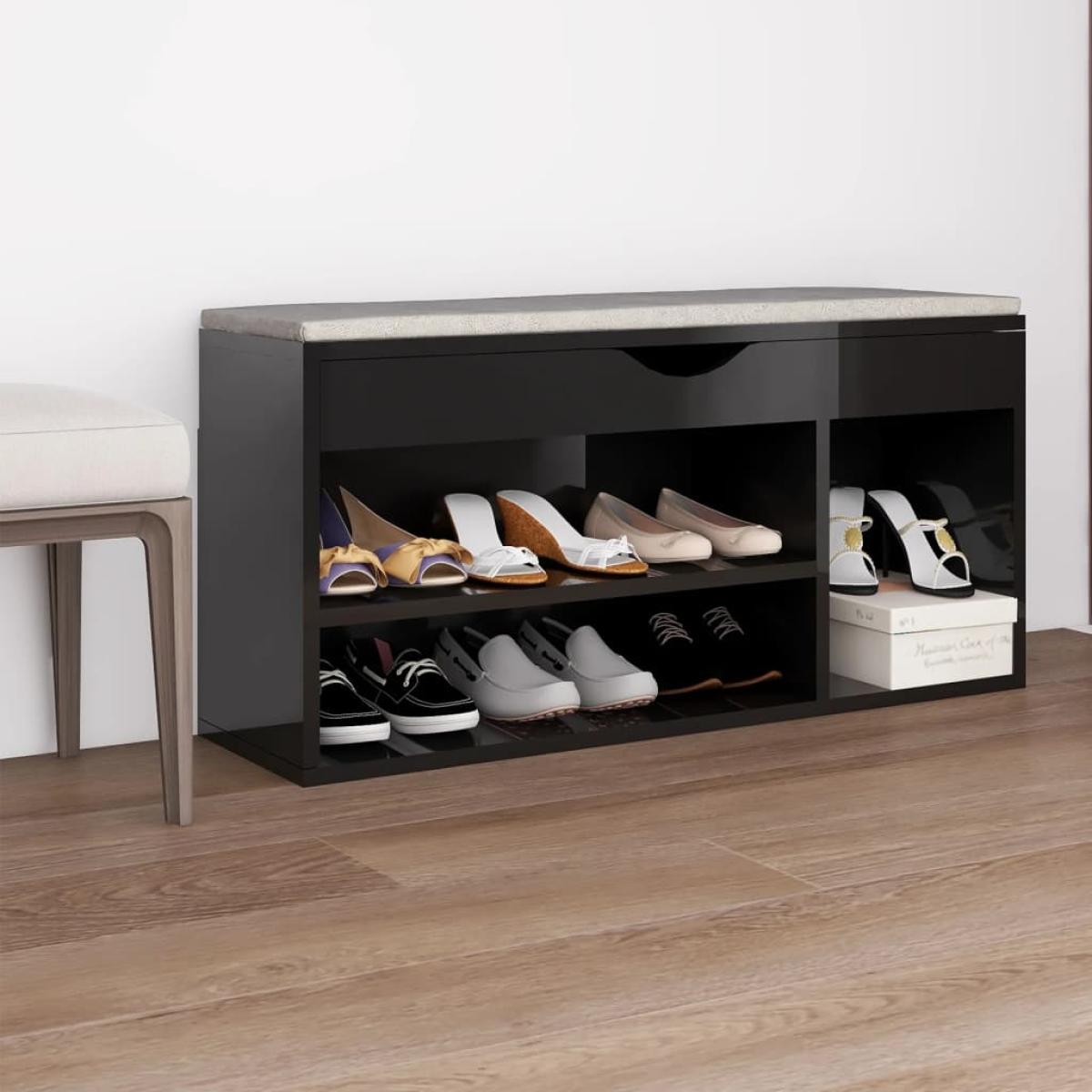 Banco zapatero cojín aglomerado negro brillante 104x30x49 cm