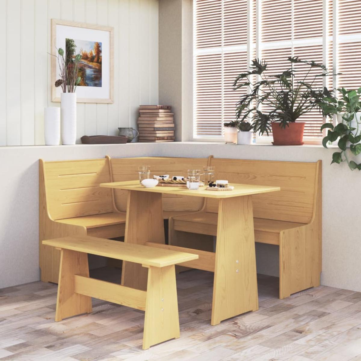 Mesa de comedor con banco de madera maciza marrón miel