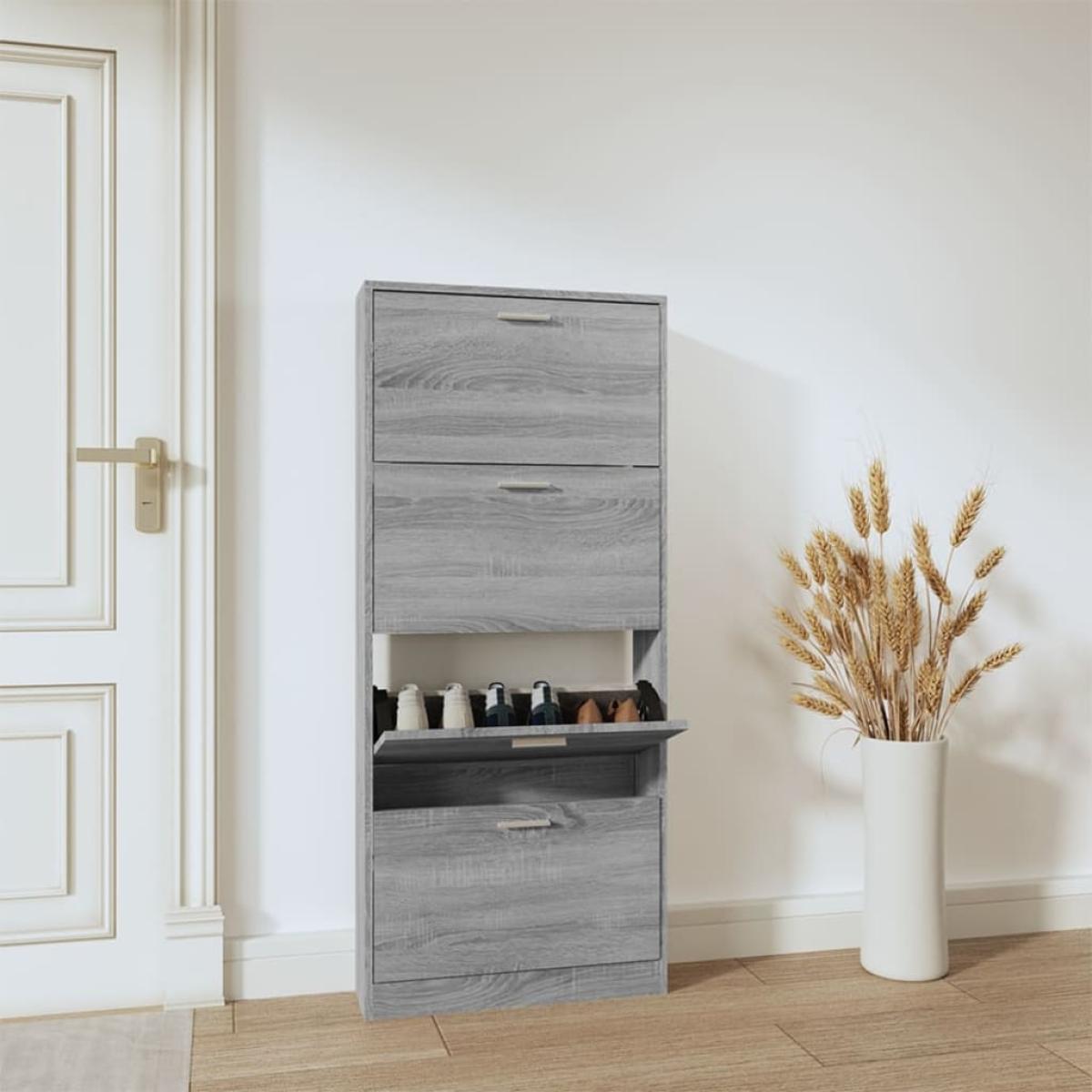 Mueble zapatero madera contrachapada gris Sonoma 59x17x150 cm