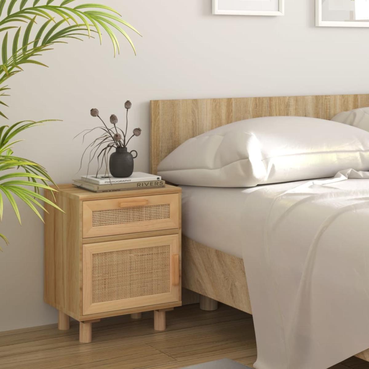 Mesitas de noche 2 uds madera maciza pino marrón ratán natural
