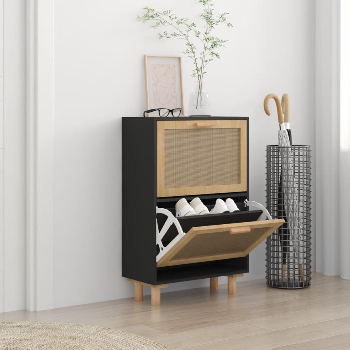 Zapatero madera contrachapada negro ratán natural 52x25x80 cm
