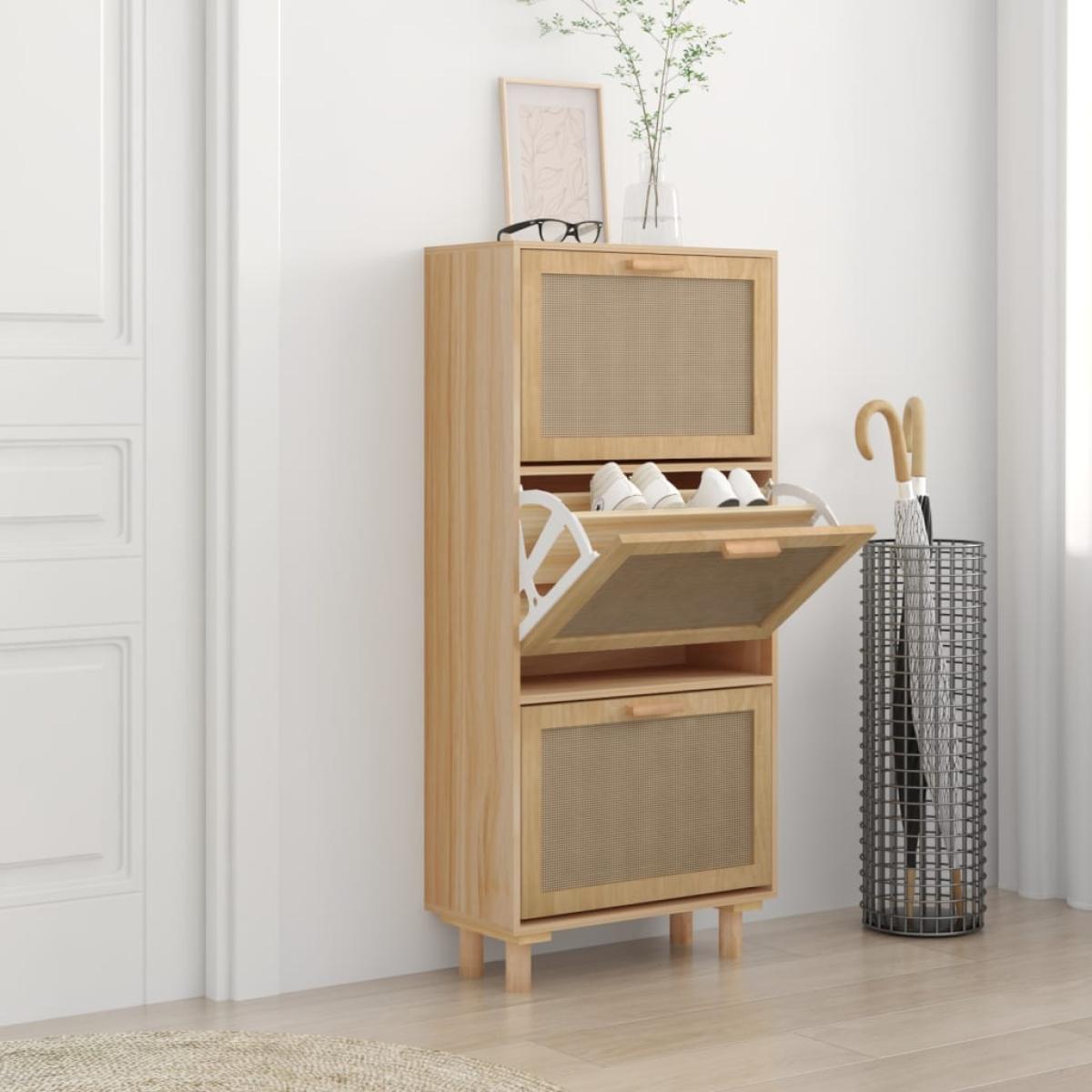 Zapatero madera contrachapada marrón ratán natural 52x25x115 cm