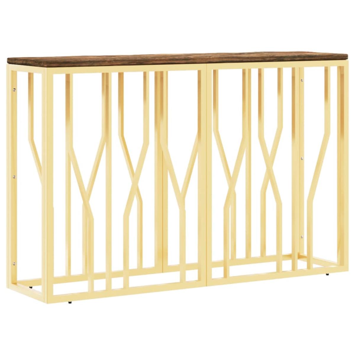 Mesa consola acero inoxidable y madera maciza reciclada dorada