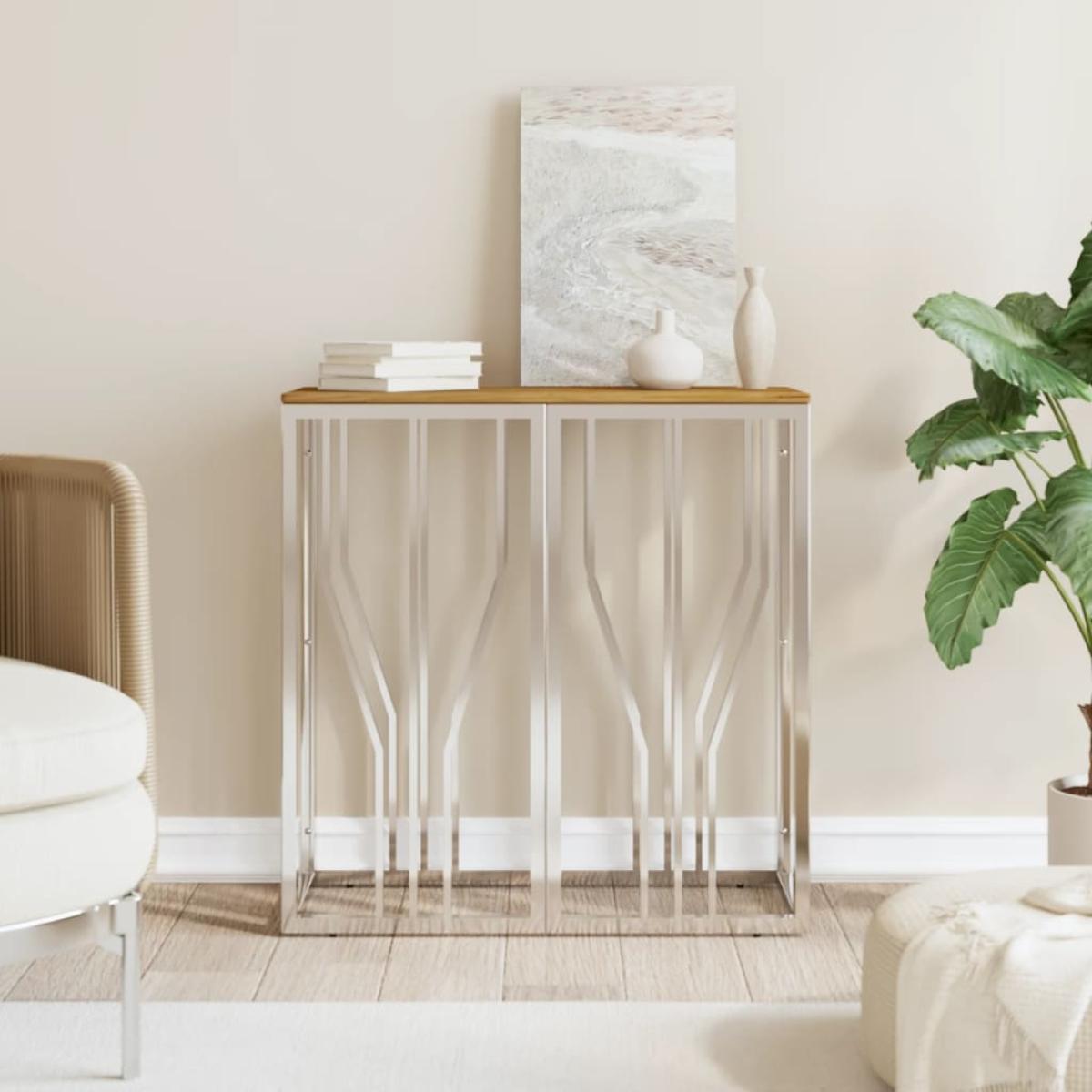 Mesa consola acero inoxidable y madera maciza acacia plateada