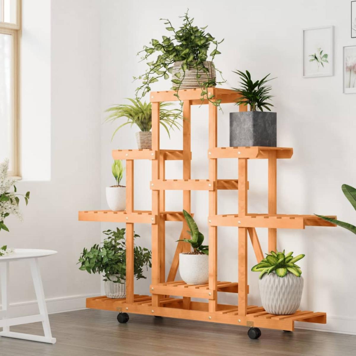 Soporte de flores con ruedas madera maciza abeto 110x25x101 cm