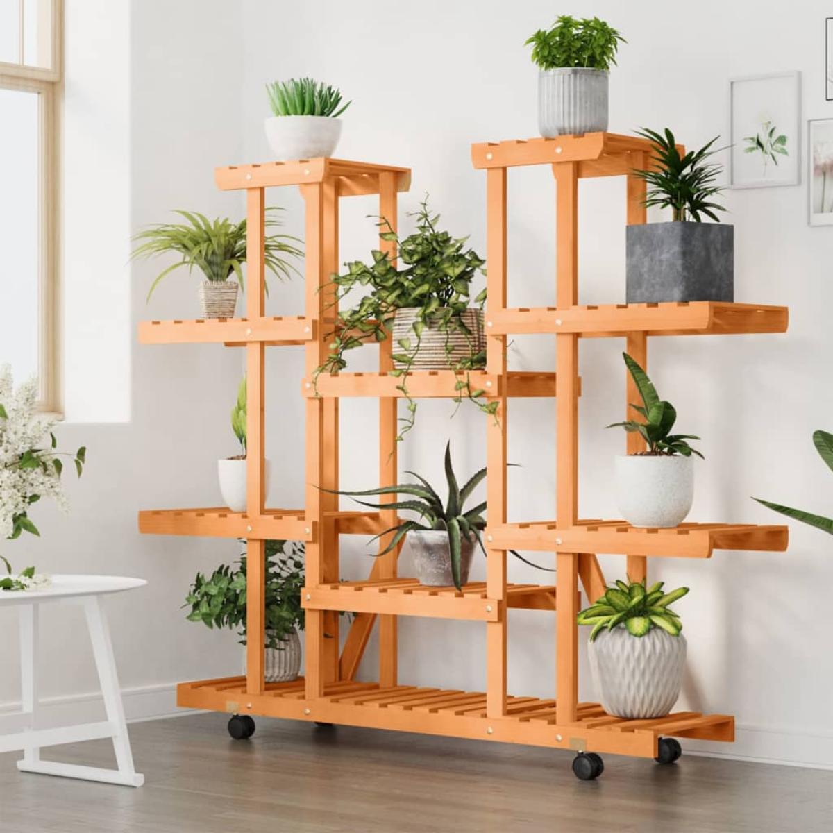 Soporte de flores con ruedas madera maciza abeto 110x25x115 cm