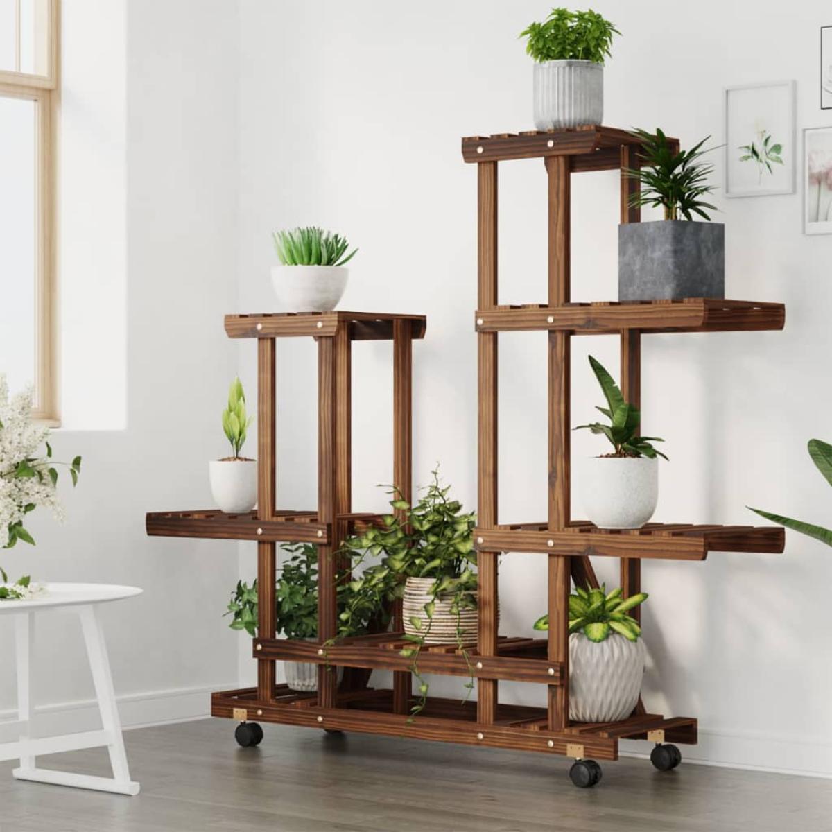 Soporte de flores con ruedas madera maciza abeto 95x25x101 cm