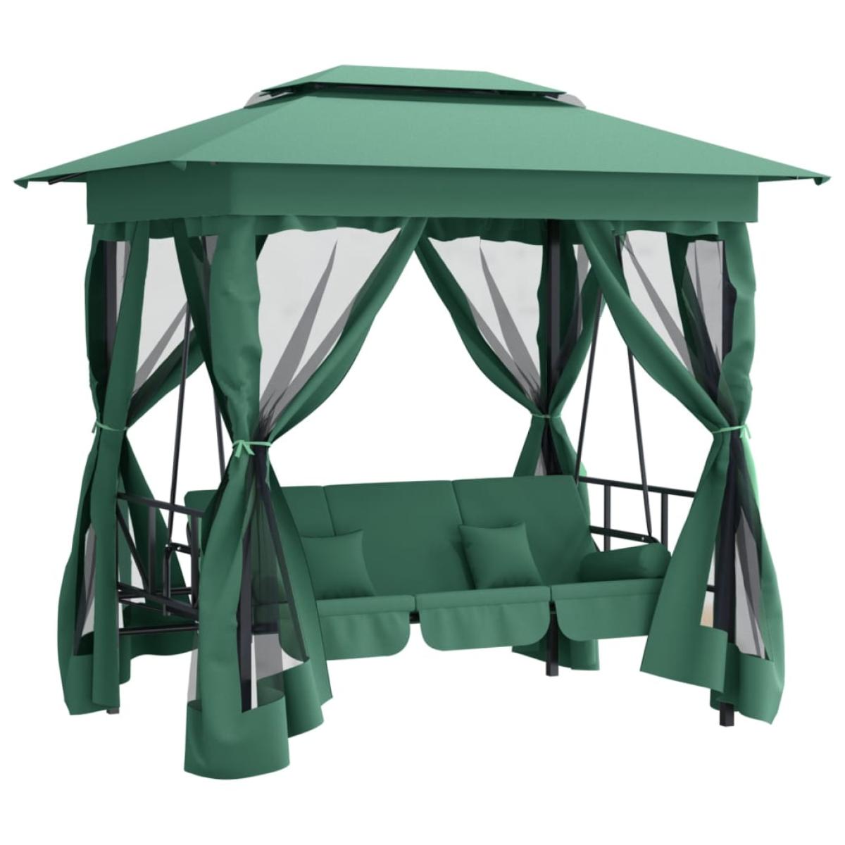 Cenador de jardín banco columpio convertible acero y tela verde