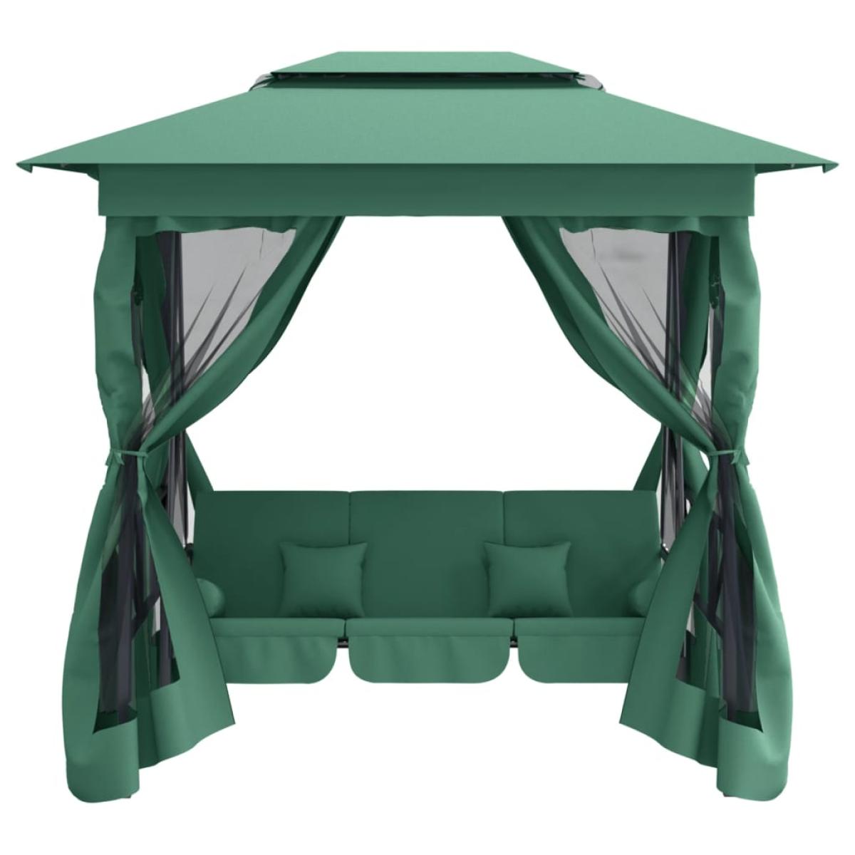 Cenador de jardín banco columpio convertible acero y tela verde