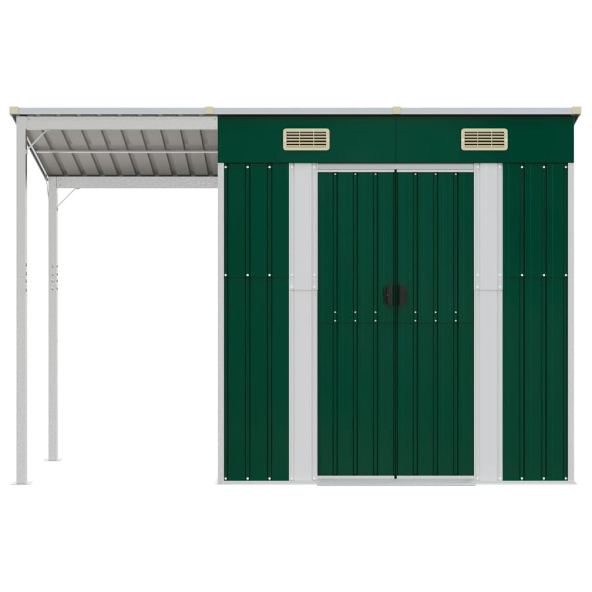 Cobertizo jardín tejado alargado acero verde 277x110,5x181 cm