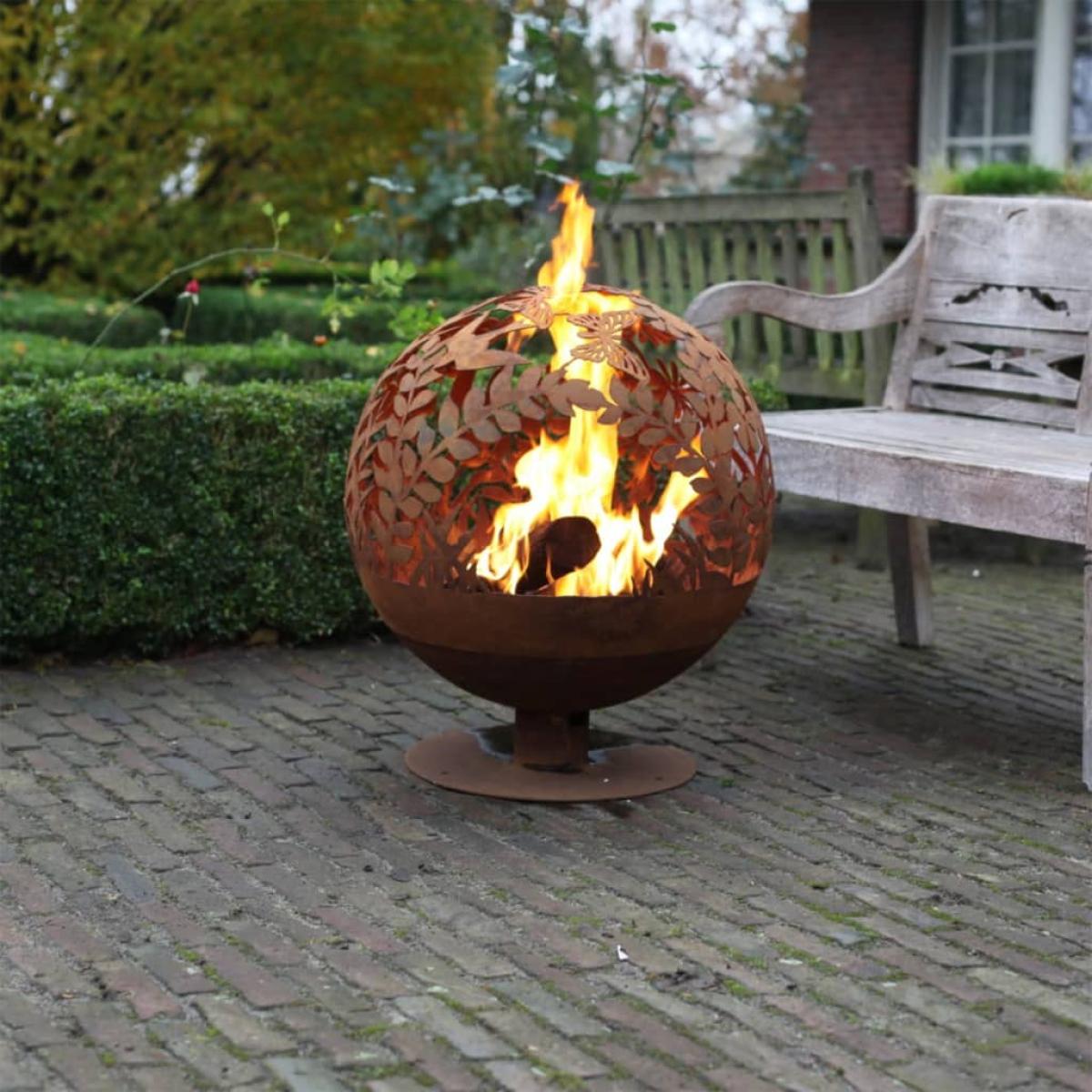 Esschert Design Brasero con flores cortadas a láser oxidado FF294