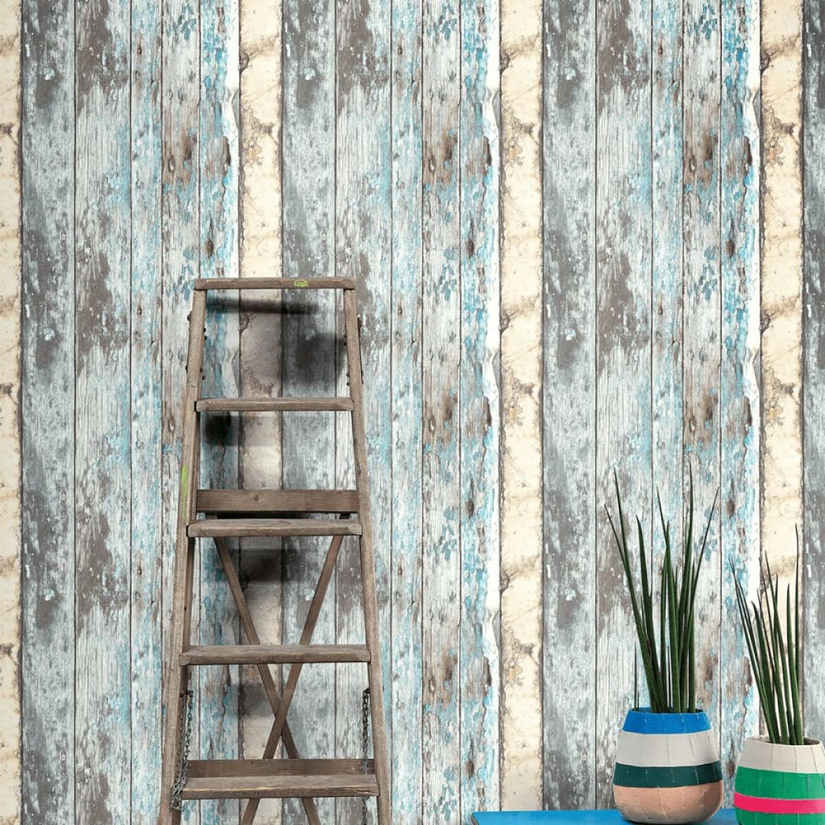 DUTCH WALLCOVERINGS Papel de pared pintado trozos madera azul PE10012