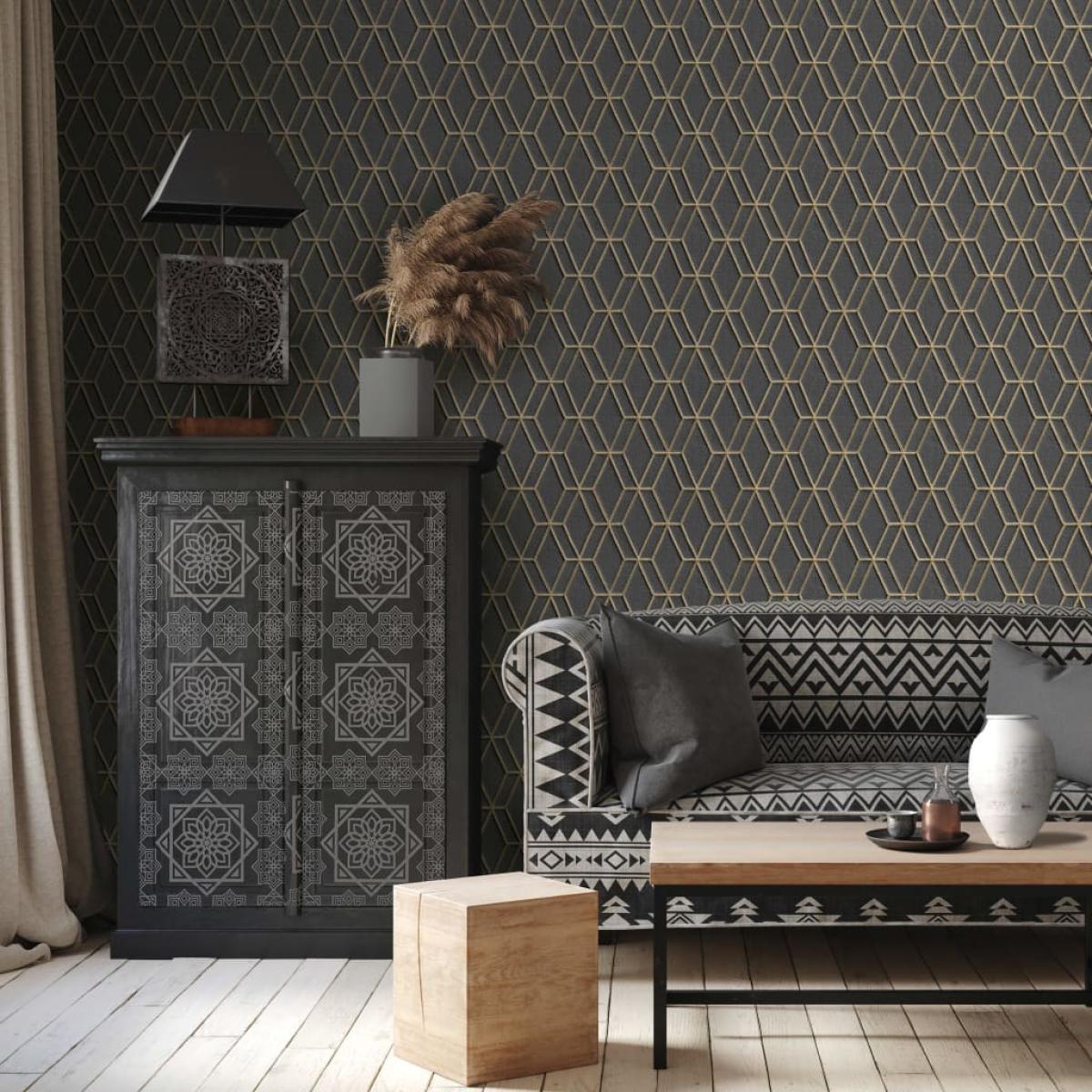 DUTCH WALLCOVERINGS Papel  de pared hexagonal negro y dorado