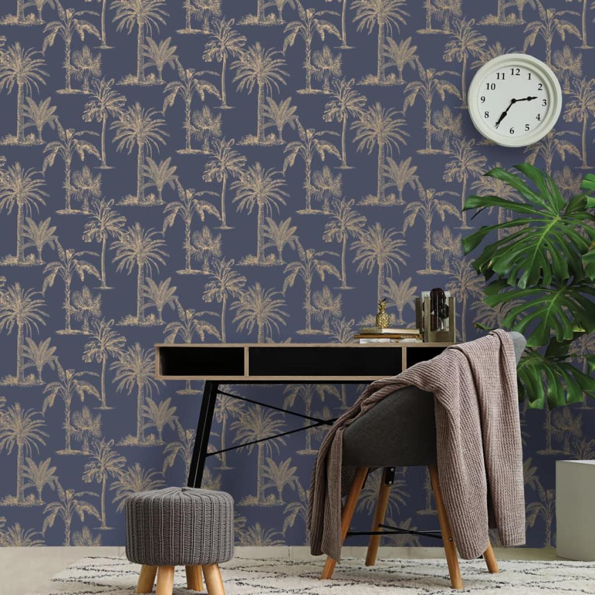 DUTCH WALLCOVERINGS Papel pintado árbol tropical azul marino y plata