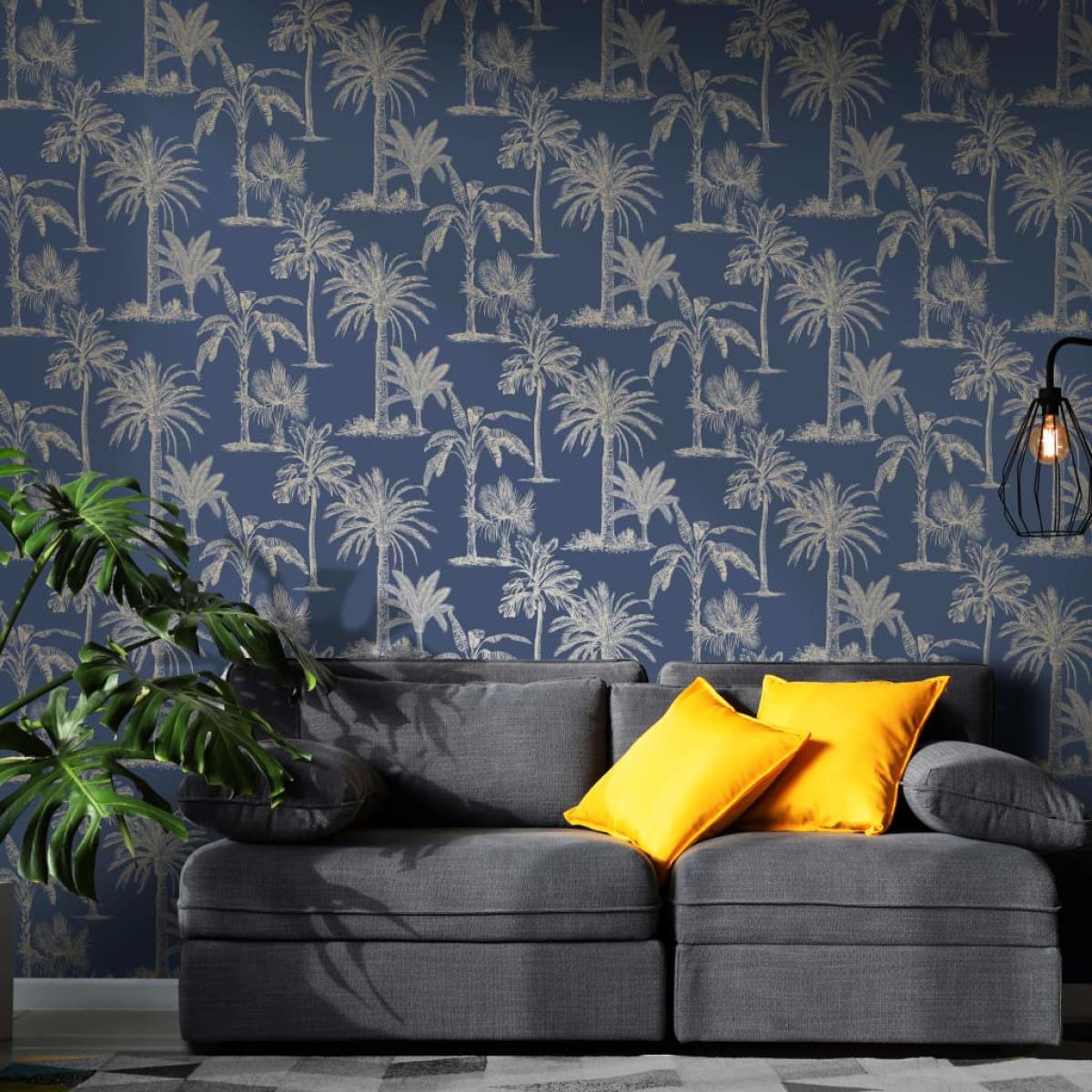 DUTCH WALLCOVERINGS Papel pintado árbol tropical azul marino y plata