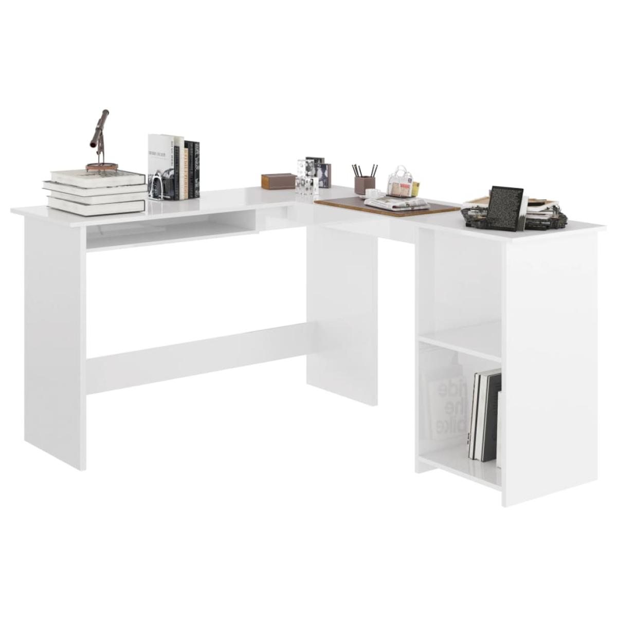 Escritorio forma de L contrachapada blanco brillo 120x140x75 cm