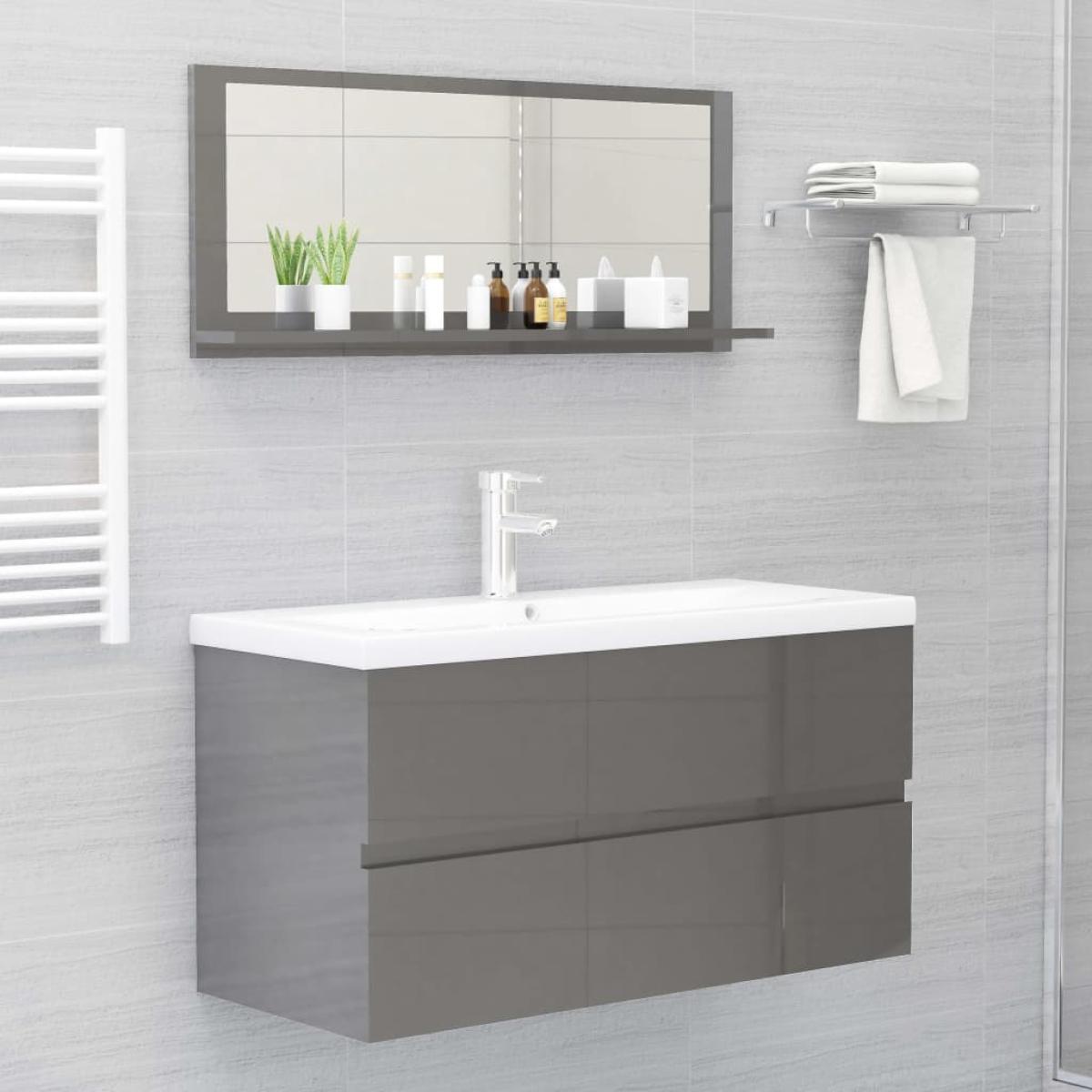 Espejo de baño madera contrachapada gris brillo 90x10,5x37 cm
