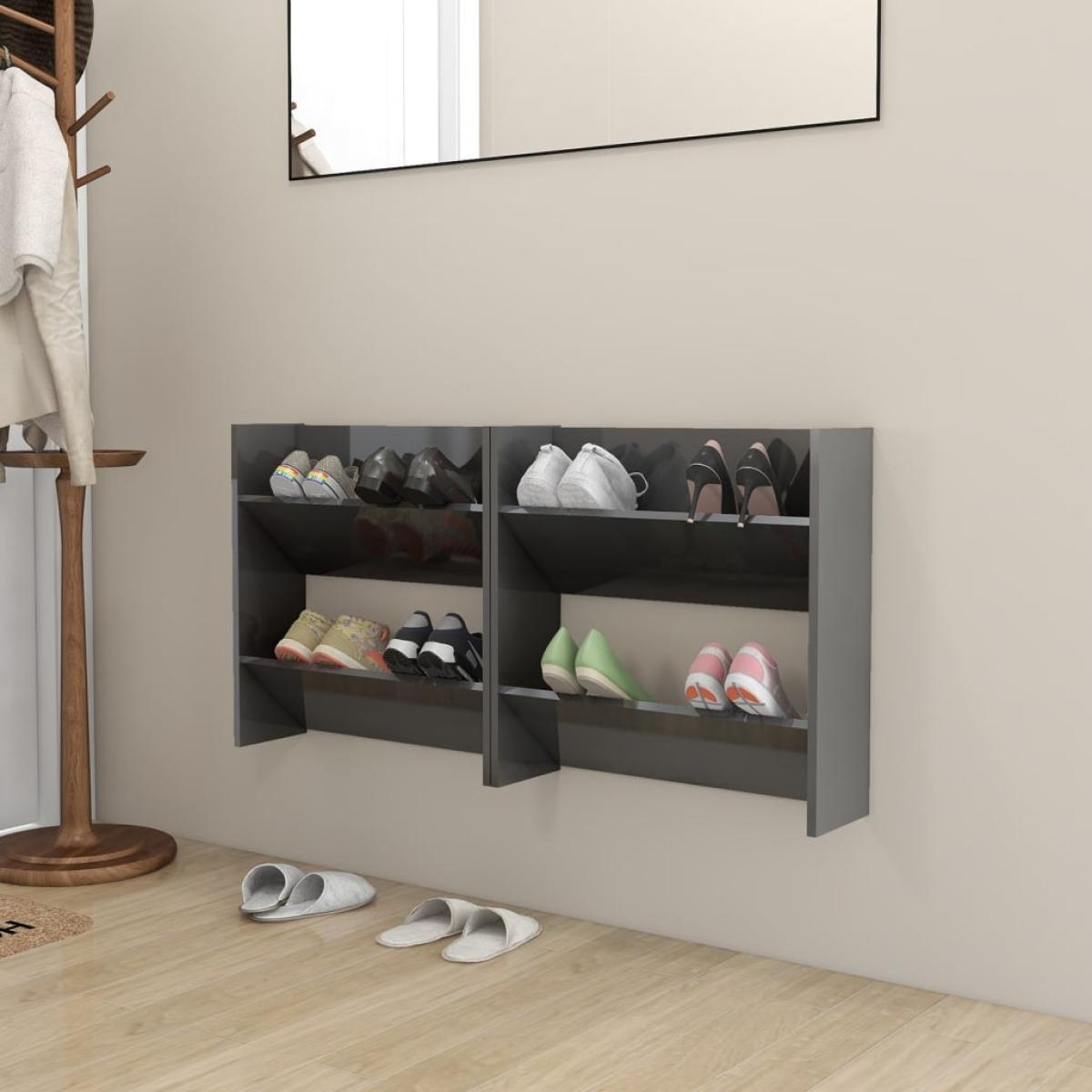 Zapateros de pared 2 uds contrachapada gris brillo 60x18x60 cm