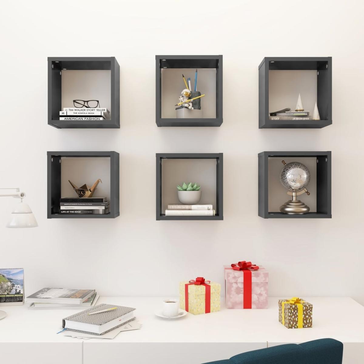 Estantes cubos pared 6 uds gris brillante 26x15x26 cm