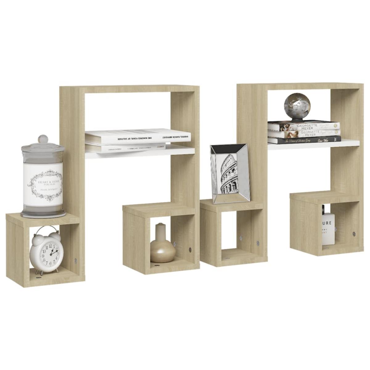 Estantes de pared 2 uds aglomerado blanco y roble 50x15x50 cm