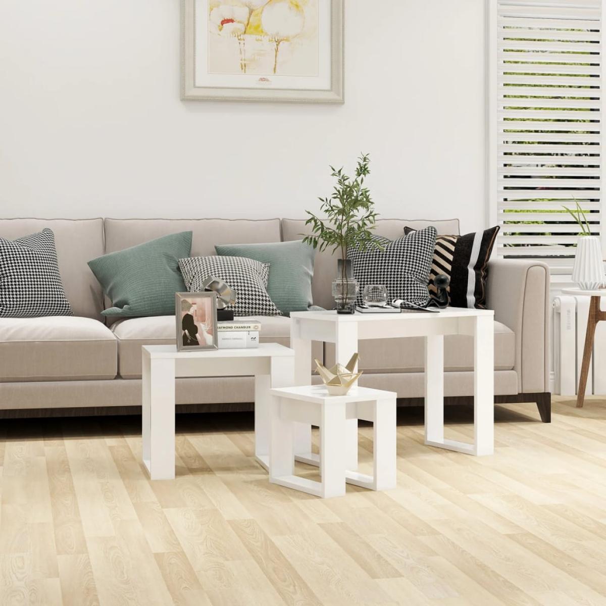 Mesas apilables 3 piezas madera contrachapada blanco