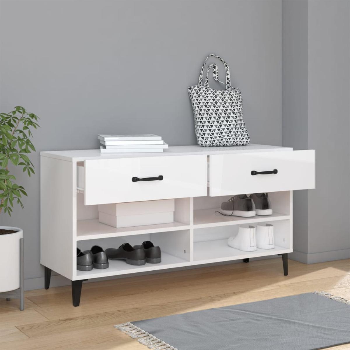 Mueble zapatero madera contrachapada blanco brillo 102x35x55 cm