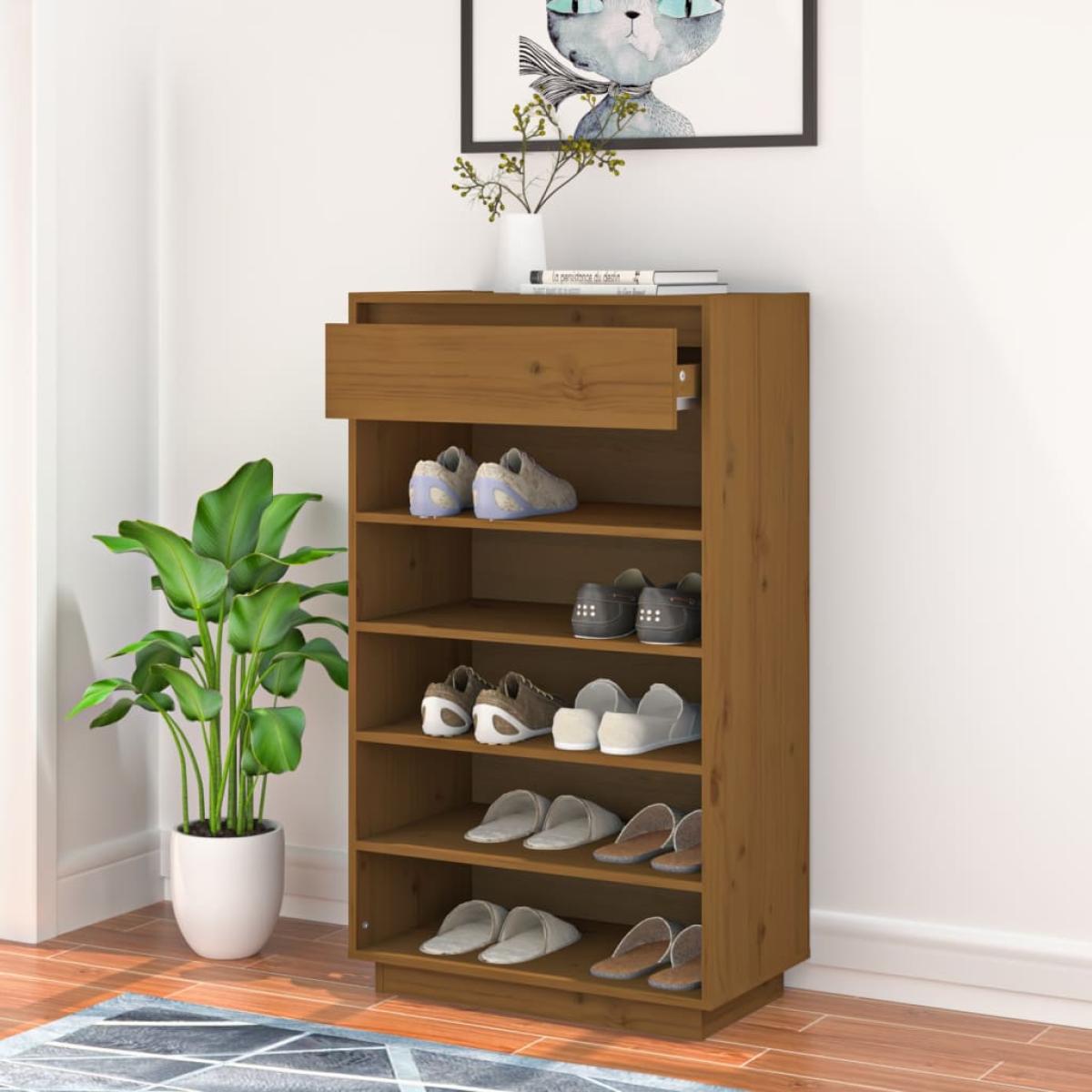 Armario zapatero madera maciza de pino marrón miel 60x34x105 cm