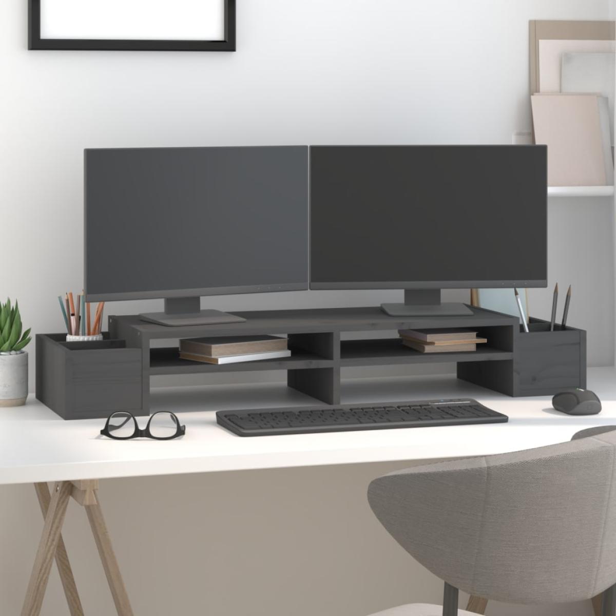 Soporte para monitor madera maciza de pino gris 100x27,5x15 cm
