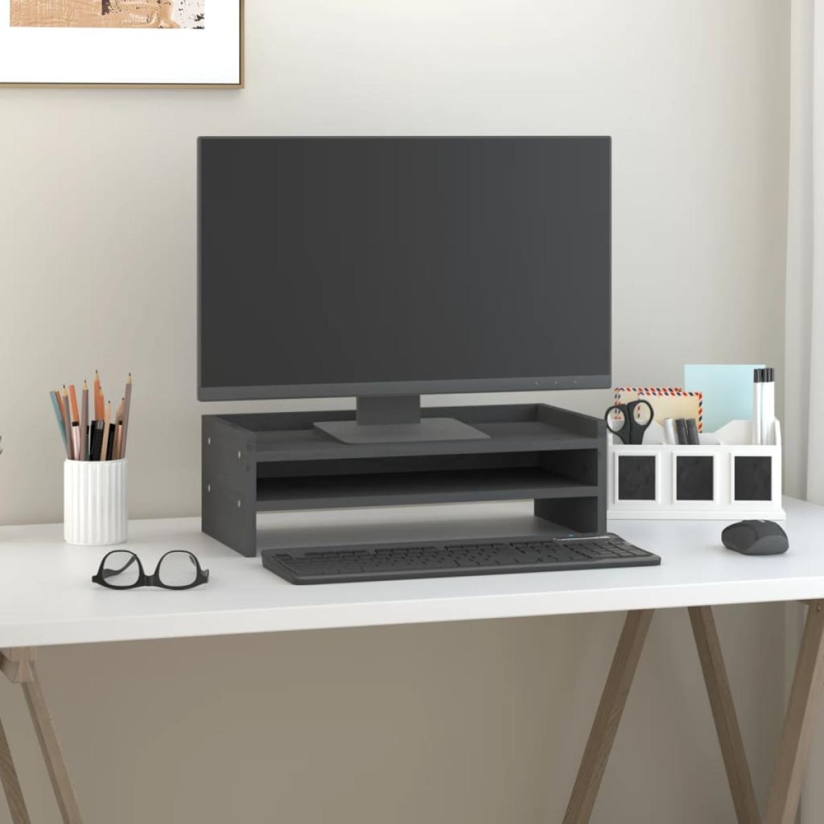 Soporte para monitor madera maciza de pino gris 50x24x16 cm