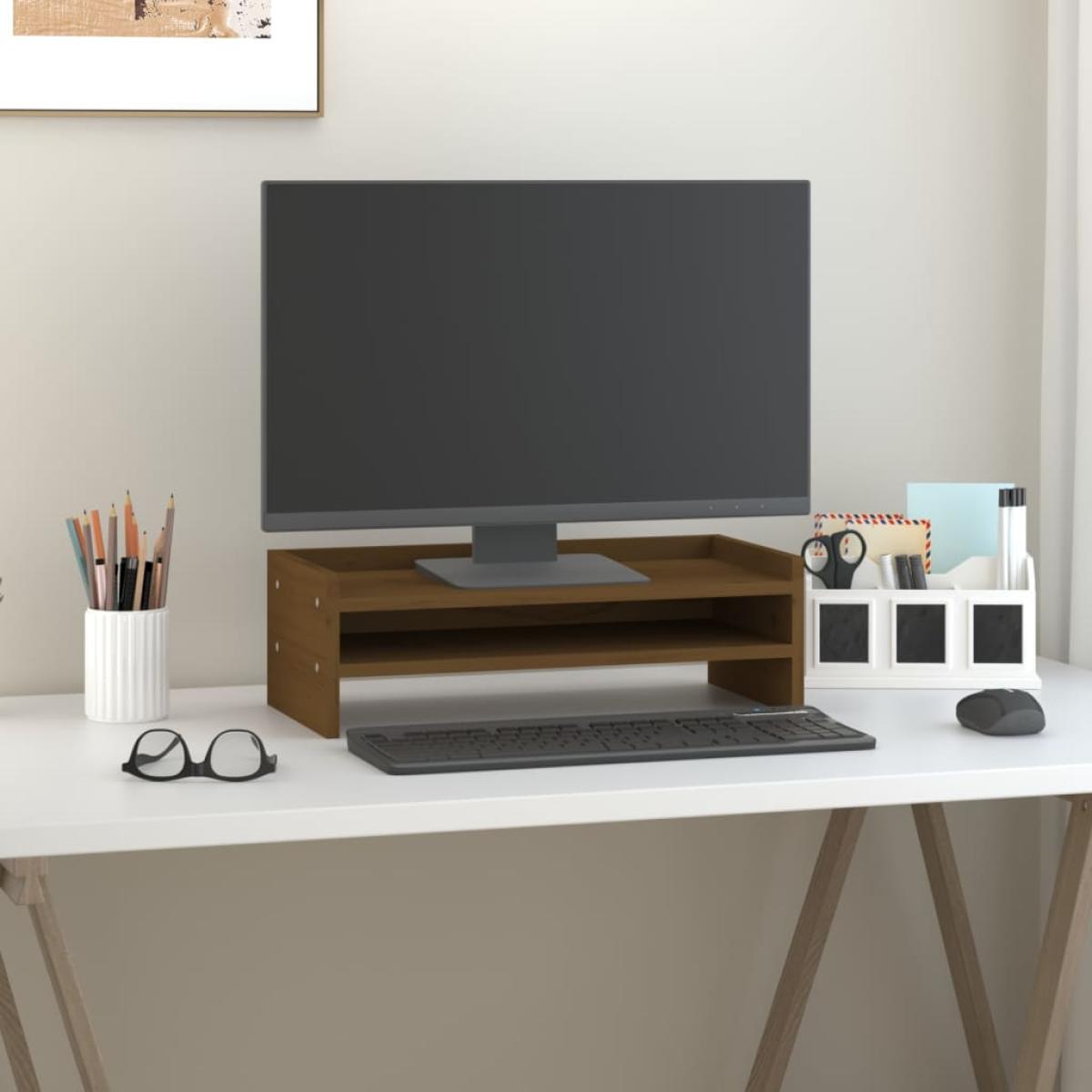 Soporte para monitor madera maciza pino marrón miel 50x24x16 cm