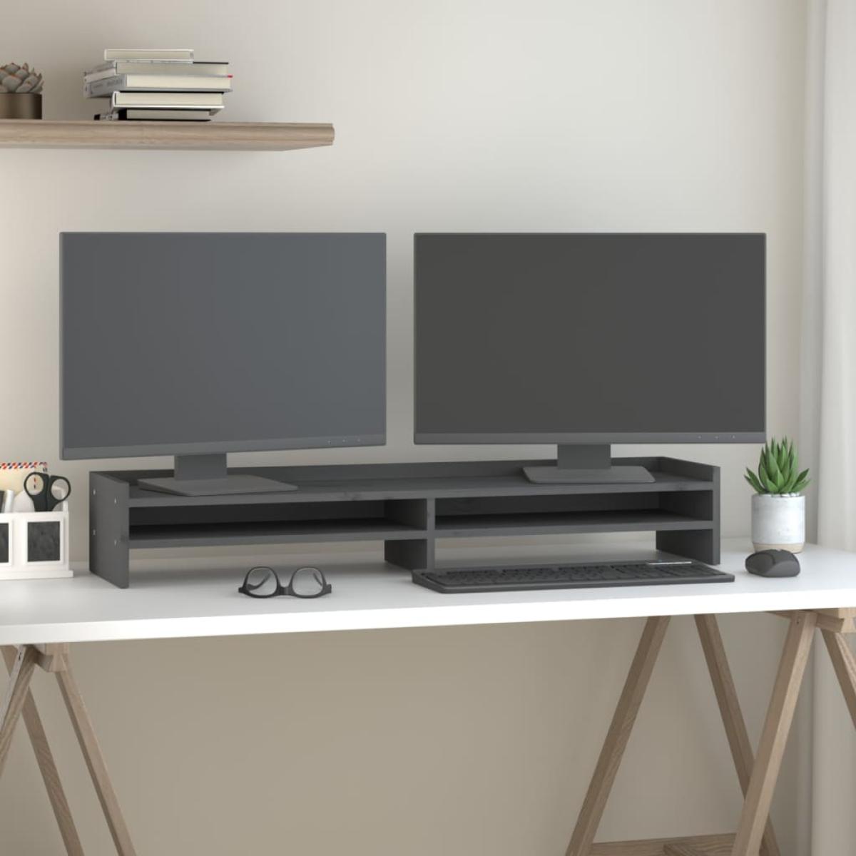 Soporte para monitor madera maciza de pino gris 100x24x16 cm