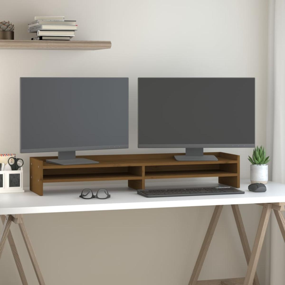 Soporte de monitor madera maciza pino marrón miel 100x24x16 cm