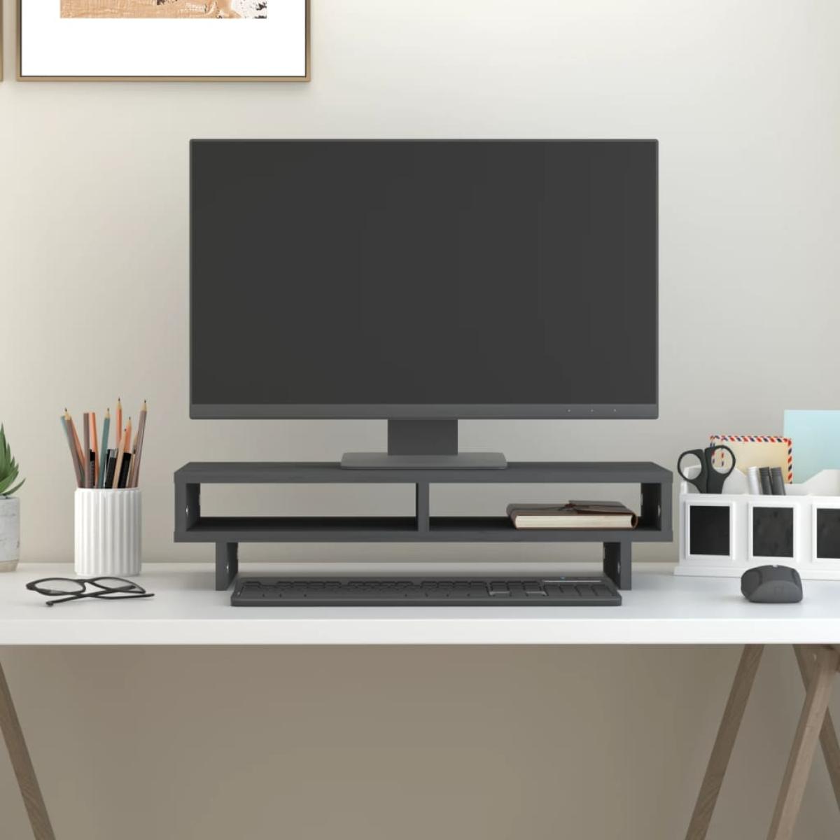 Soporte para monitor madera maciza de pino gris 60x27x14 cm