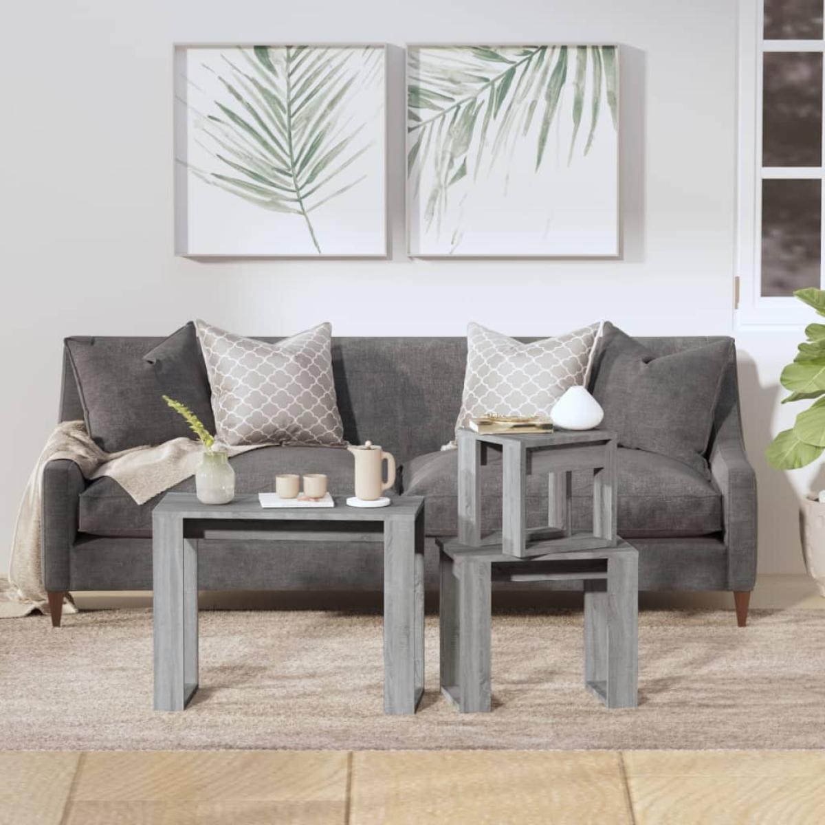 Mesas apilables 3 pzas madera contrachapada color gris Sonoma