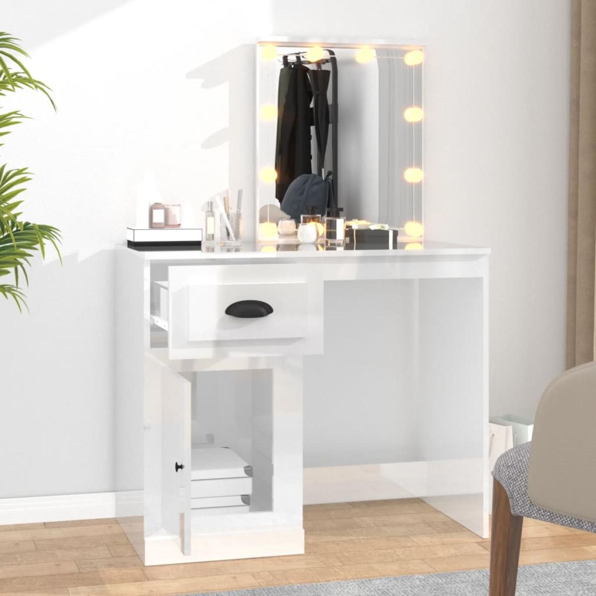Tocador LED madera contrachapada blanco brillo 90x50x132,5 cm