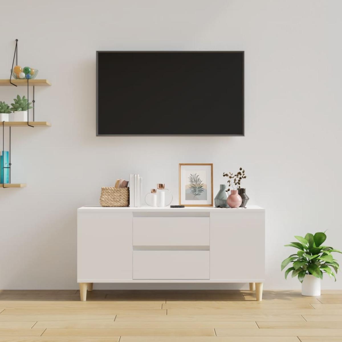 Mueble de TV madera contrachapada blanco brillo 102x44,5x50 cm
