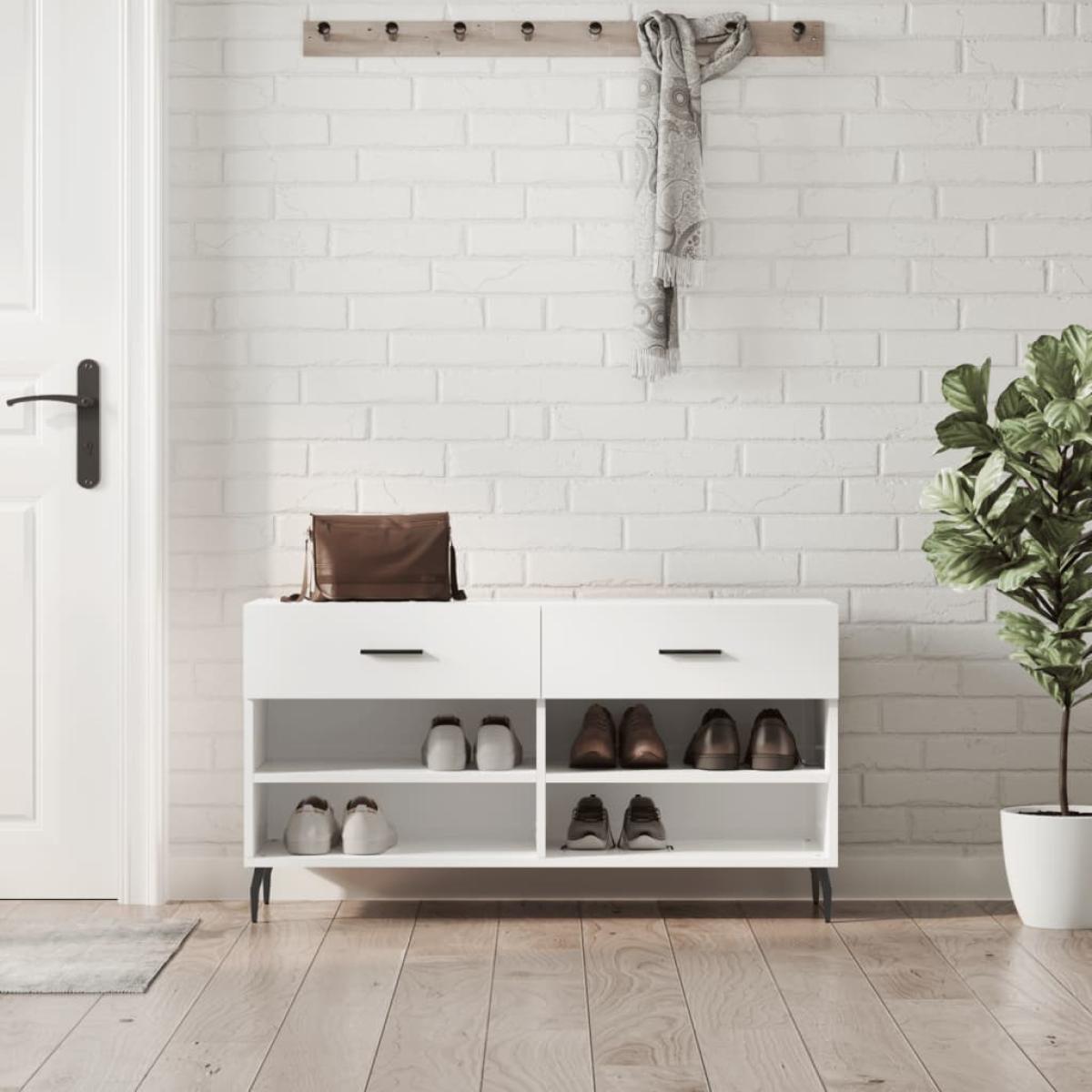 Banco zapatero madera de ingeniería blanco brillo 102x35x55 cm