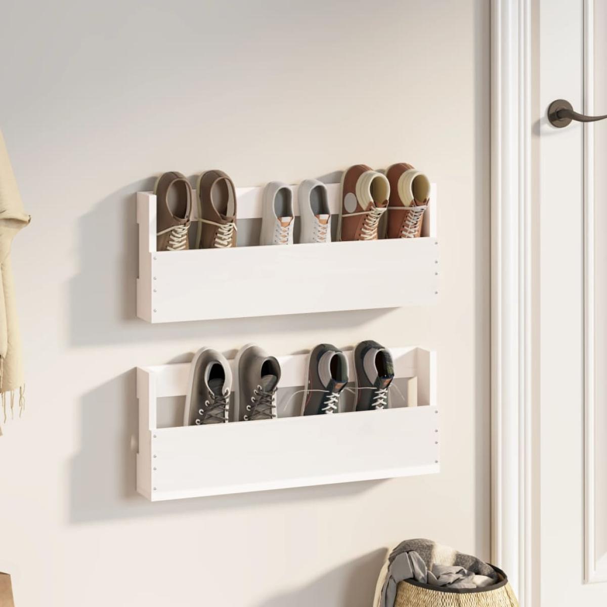 Estantes de zapatos de pared 2 uds madera pino blanco 59x9x23cm
