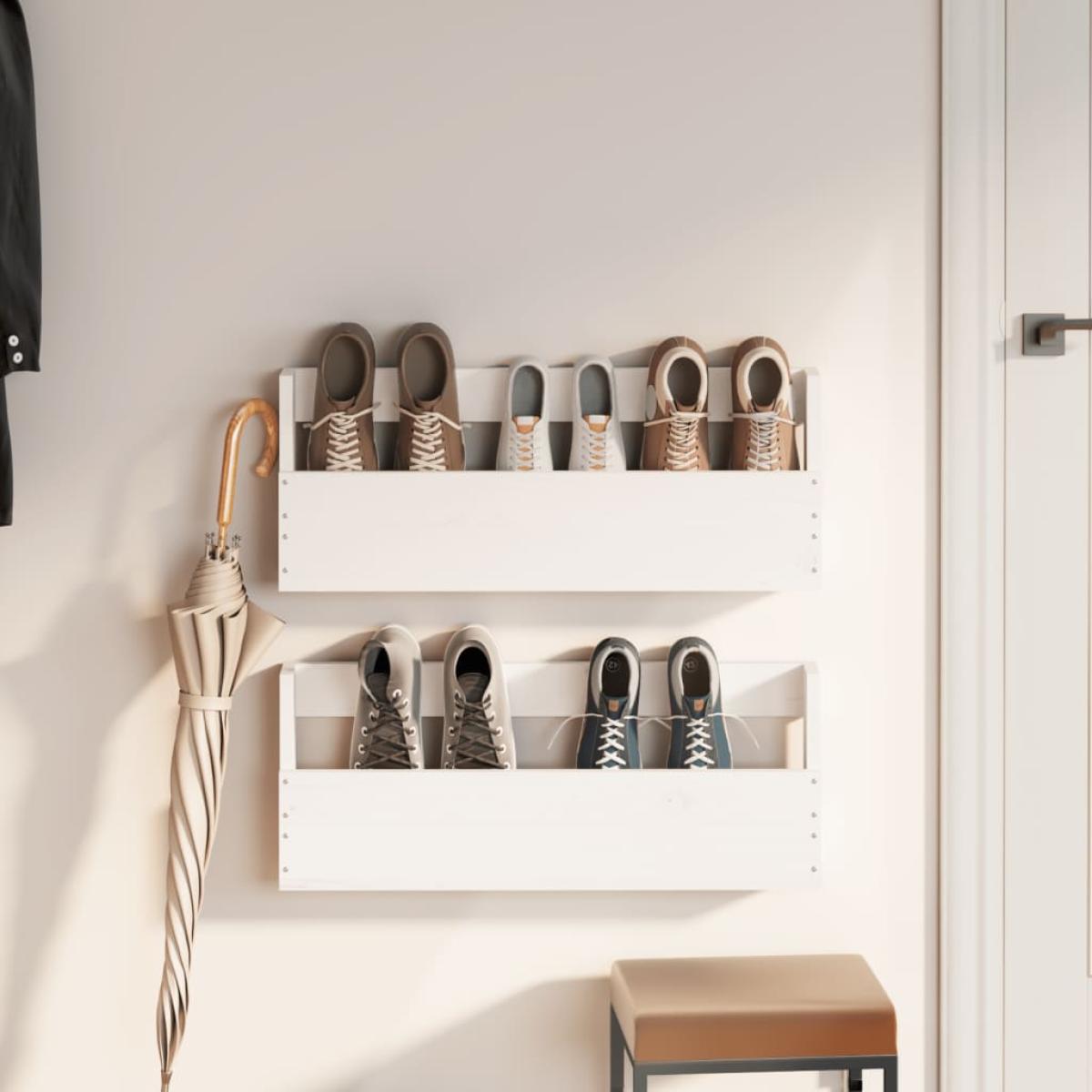 Estantes de zapatos de pared 2 uds madera pino blanco 59x9x23cm