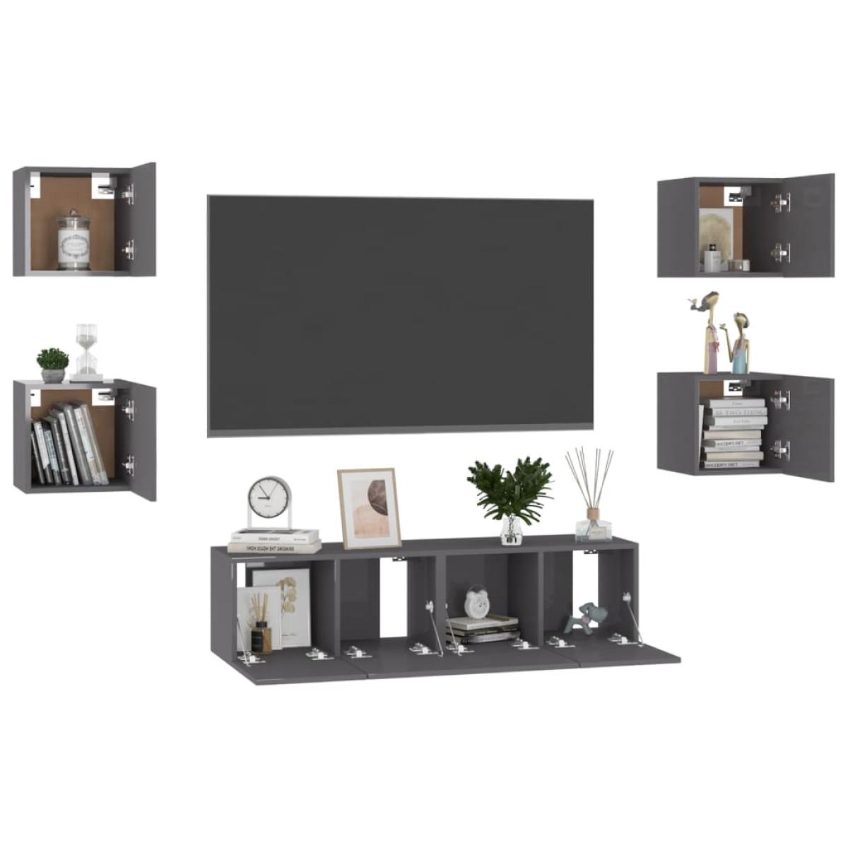 Juego de mueble para TV de 6 piezas aglomerado gris brillante 