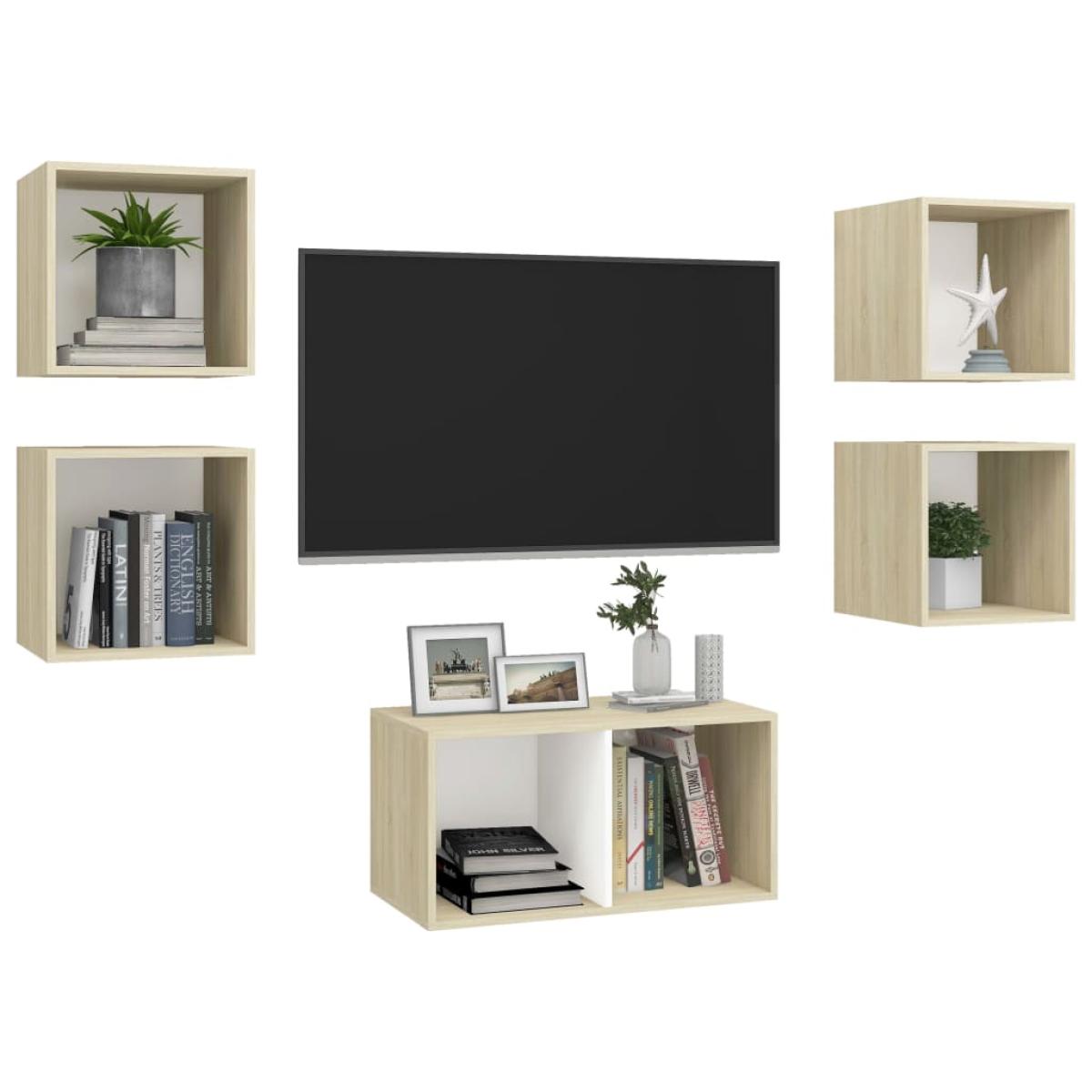 Muebles de pared de TV 5 pzas aglomerado blanco y roble Sonoma 