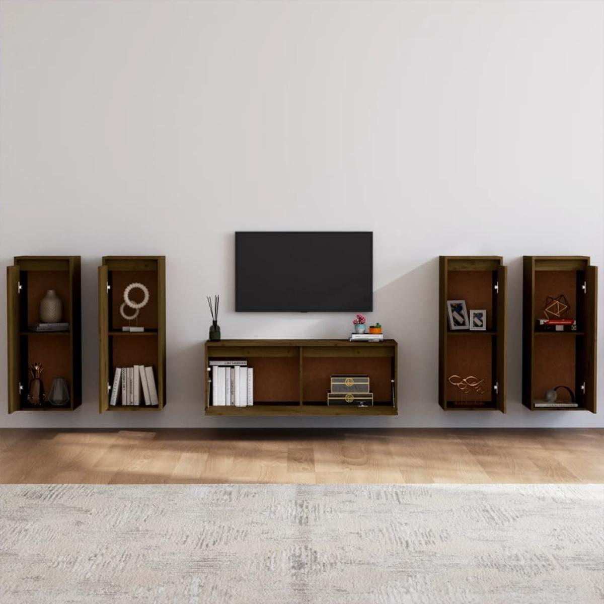 Muebles para TV 5 piezas madera maciza de pino marrón miel