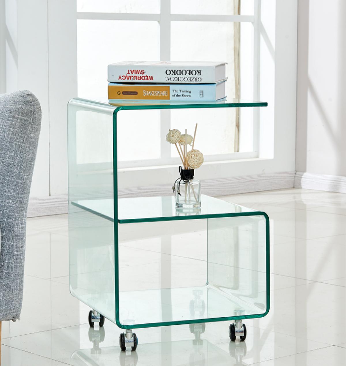 Mesa ABIGAIL, ruedas, cristal transparente, 40 x 40 cms