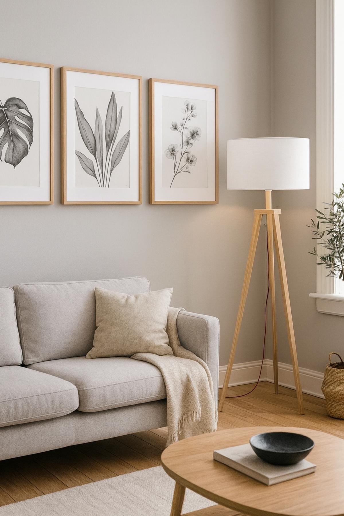 Lámpara JENSEN, pie salón, madera, pantalla blanca