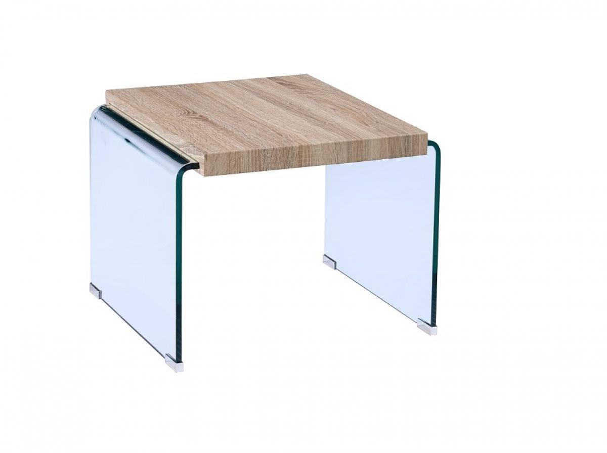Mesa OSIRIS, baja, madera, cristal curvado, 55x55 cms