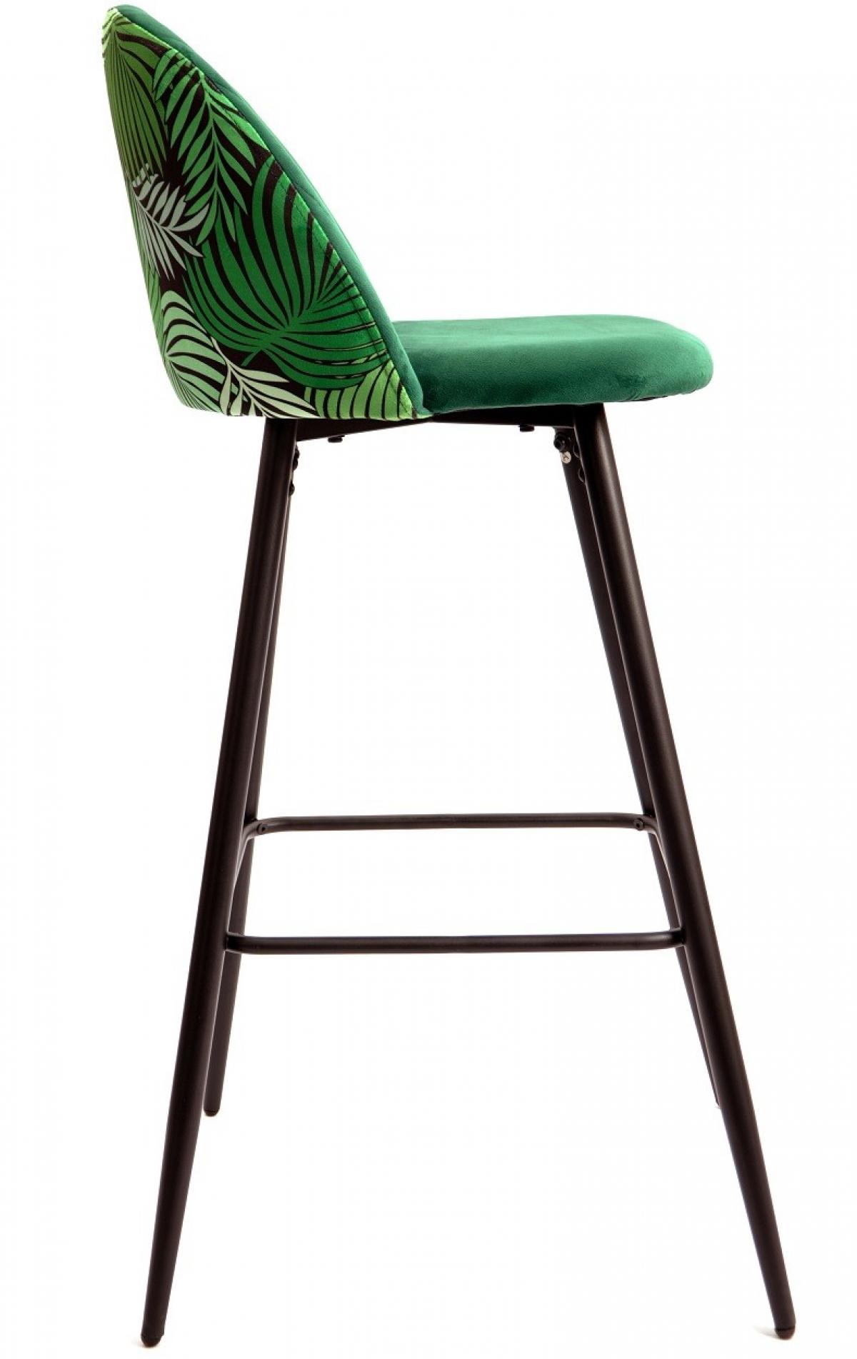 Taburete FLORAL, metal, tapizado velvet verde con trasera floral a juego