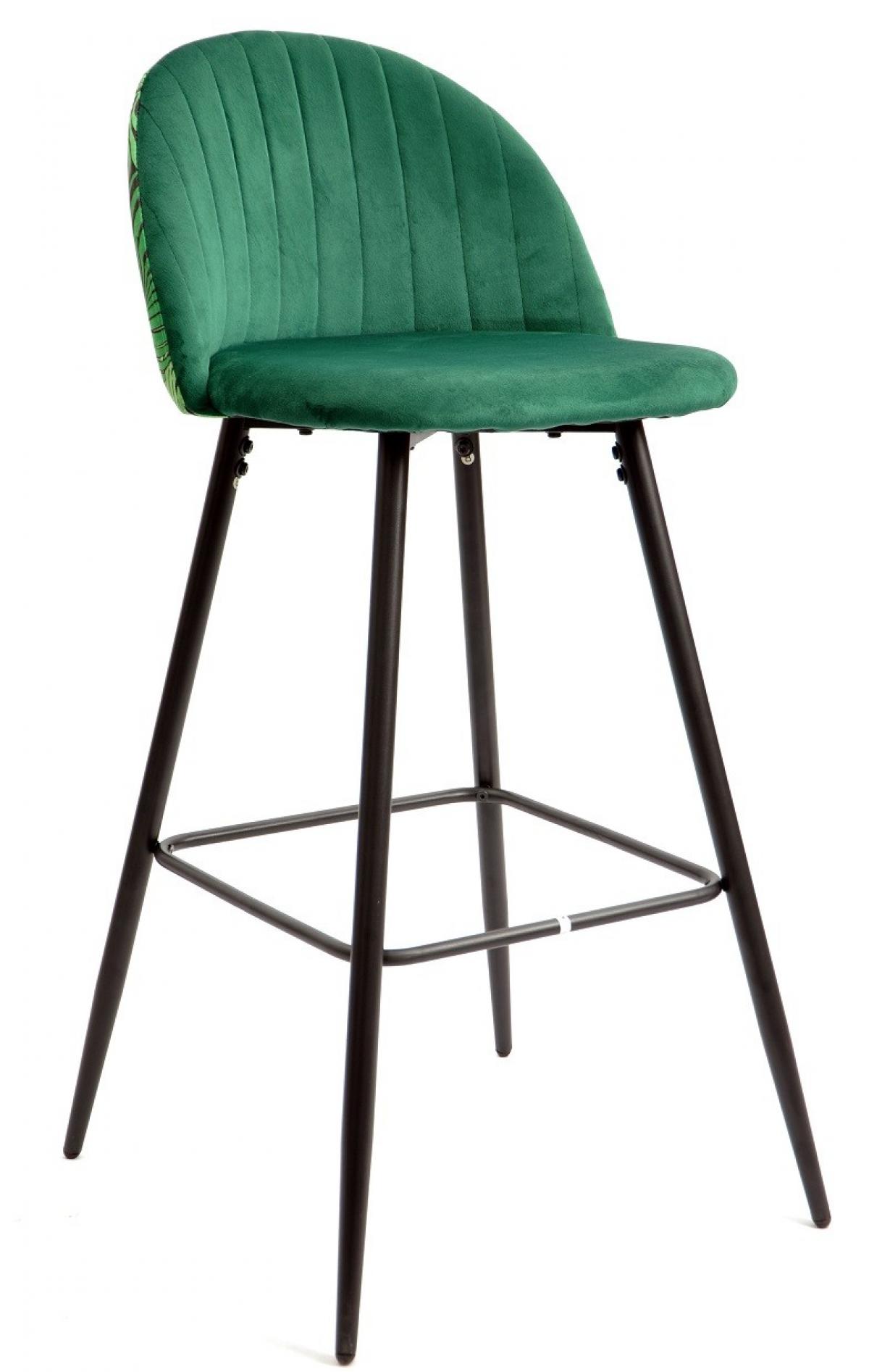 Taburete FLORAL, metal, tapizado velvet verde con trasera floral a juego