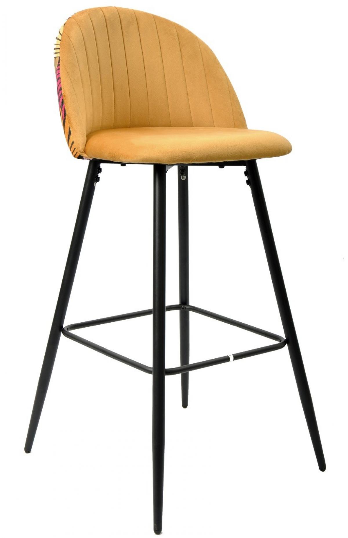 Taburete FLORAL, metal, tapizado velvet amarillo con trasera floral a juego